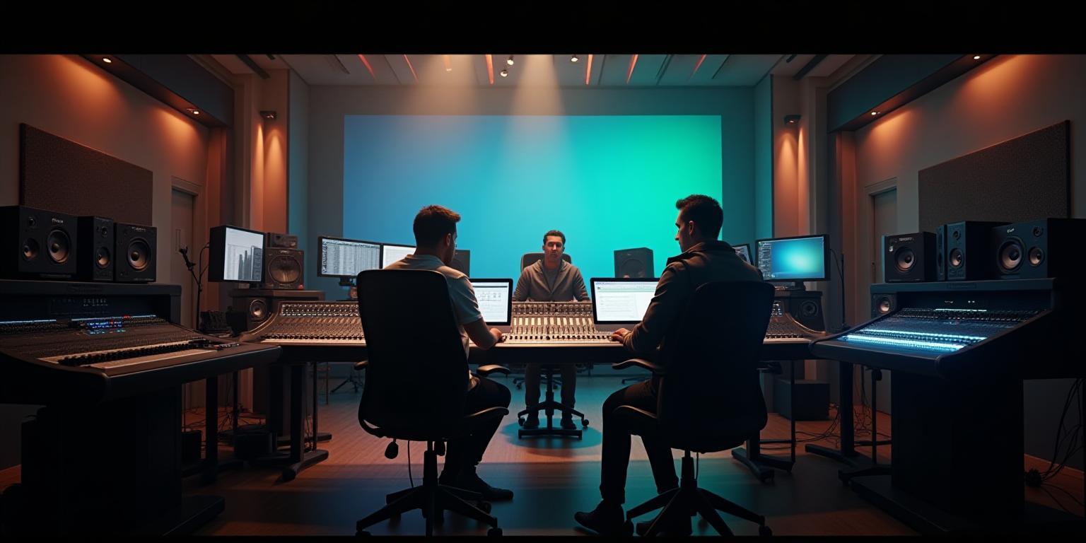 Lydstudio hovedstudio med moderne utstyr og team i arbeid